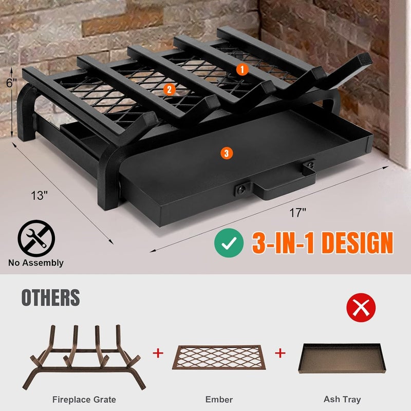 Loquat Fireplace Grate 17 Inch- Wood Stove Fireplace Log Grates Set with Ember  Ash Trays Pan, Heavy Duty Wrought Cast Iron Rack Holder Pit for Indoor Outdoor Chimney Hearth - Image 2
