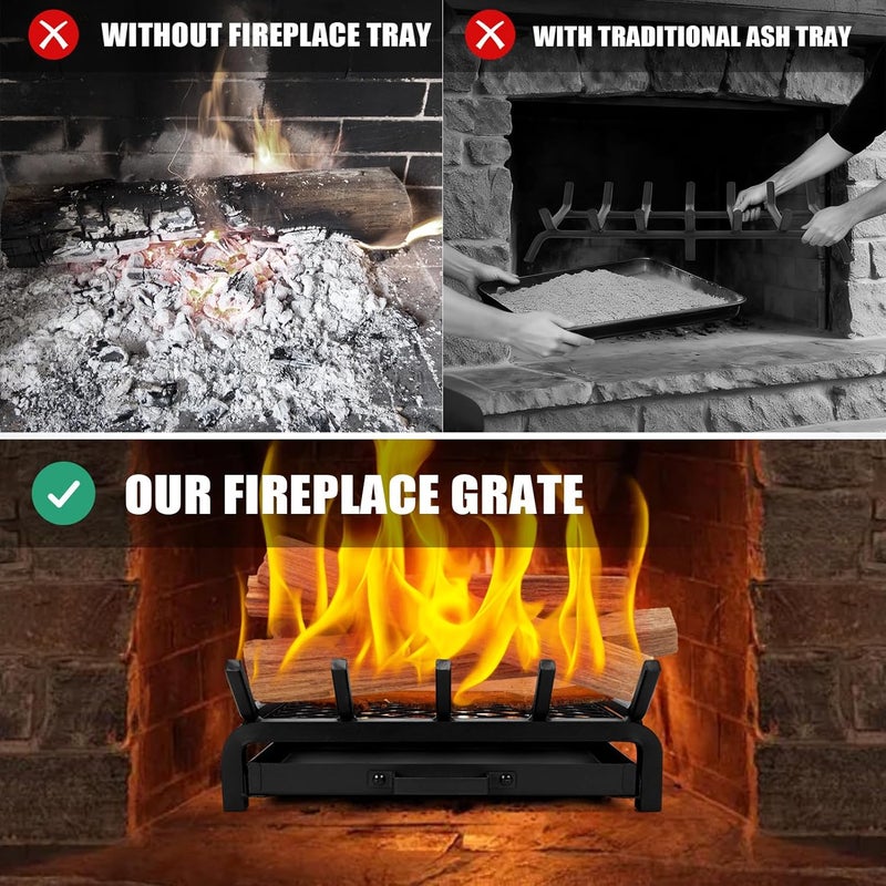 Loquat Fireplace Grate 17 Inch- Wood Stove Fireplace Log Grates Set with Ember  Ash Trays Pan, Heavy Duty Wrought Cast Iron Rack Holder Pit for Indoor Outdoor Chimney Hearth - Image 3