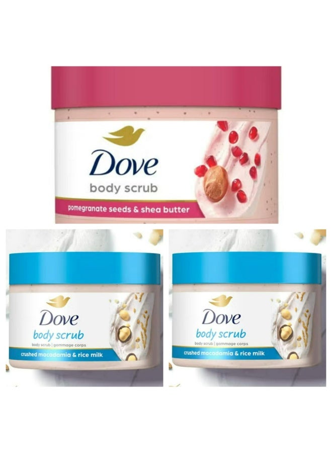 Dove Exfoliating Body Polish Scrub Reveals Visibly Smoother Skin Set pomegranate seeds & shea butter 1 piece + two pcs crushed macadamia & rice milk  298g 3 Pcs