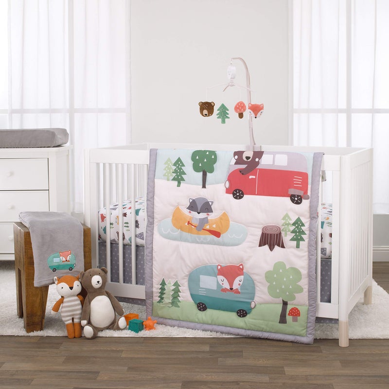 Little Love by NoJo Retro Happy Camper Green Aqua and Grey 3 Piece Nursery Crib Bedding Set Comforter Fitted Crib Sheet and Dust Ruffle