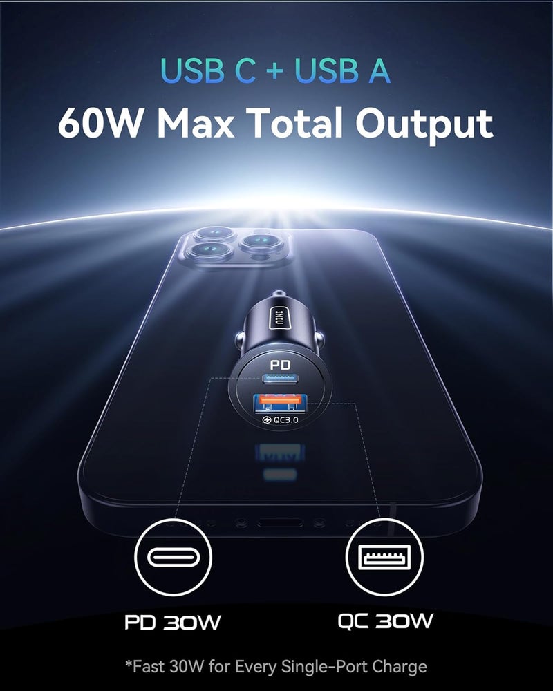INIU Car Charger, 60W 2-Port (USB C +USB A) Fast Charging USB C Car Charger Adapter, All-Metal Mini Type-C Charger for iPhone 17 16 15 Pro Max iPad Samsung S26 S25 Airpods Huawei Honor etc - Image 2