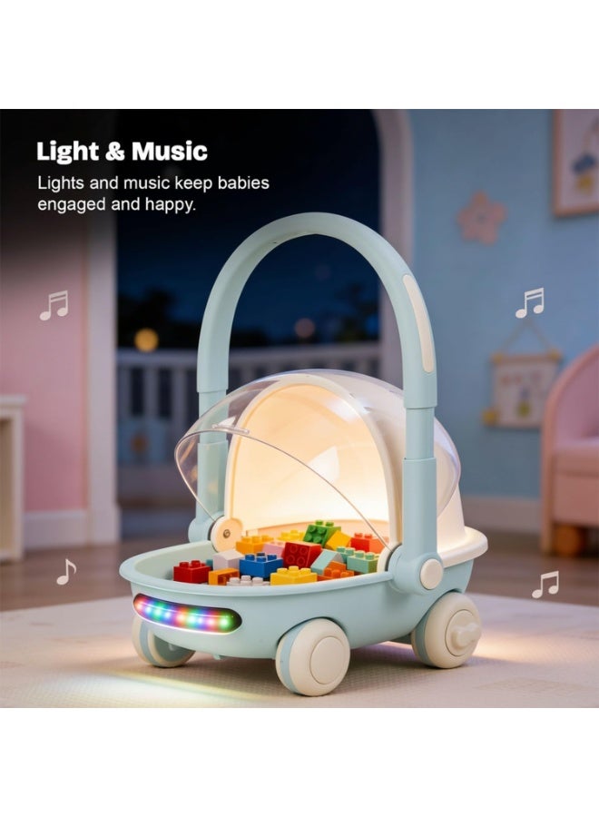 BAYBEE Kids Shopping Cart with Push Walker & Storage Basket | Light & Music Baby Walker for 6+ Months | Foldable Adjustable Handle, Lockable Wheels & Closing Lid | Toy Cart Walker for Toddlers & Babies Blue - Image 4