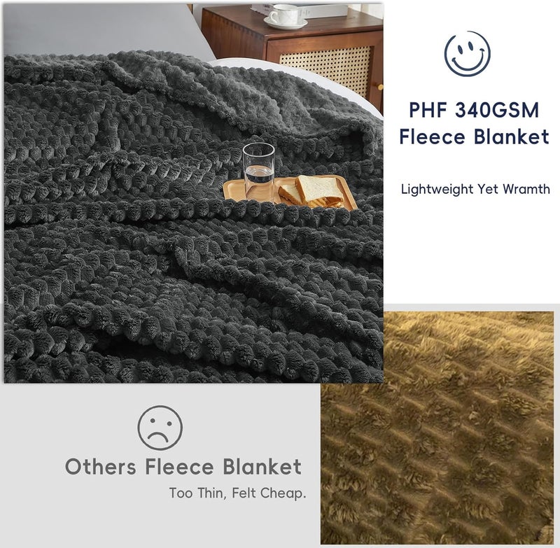 PHF 1 Piece Throw Size Flannel Fleece Blanket 340GSM, Ultra Soft Lightweight 3D Jacquard Fluffy Cozy Blanket, 127cm x 152cm, Dark Grey - Image 4