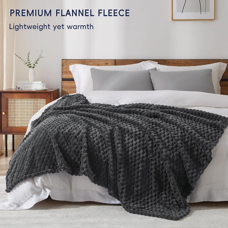 PHF 1 Piece Throw Size Flannel Fleece Blanket 340GSM, Ultra Soft Lightweight 3D Jacquard Fluffy Cozy Blanket, 127cm x 152cm, Dark Grey - Image 3