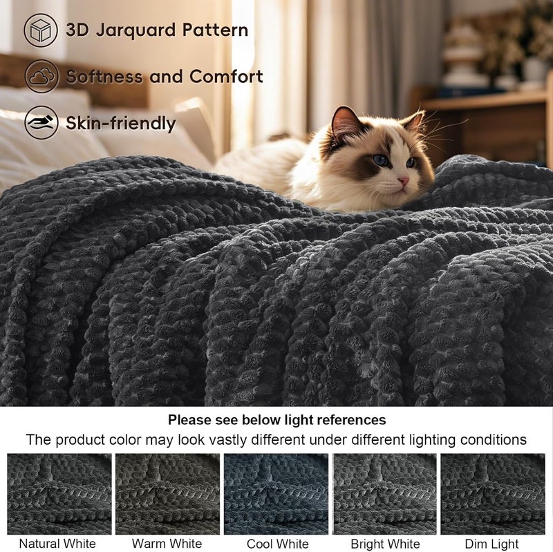 PHF 1 Piece Throw Size Flannel Fleece Blanket 340GSM, Ultra Soft Lightweight 3D Jacquard Fluffy Cozy Blanket, 127cm x 152cm, Dark Grey - Image 5
