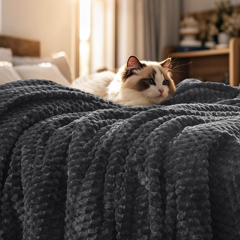 PHF 1 Piece Throw Size Flannel Fleece Blanket 340GSM, Ultra Soft Lightweight 3D Jacquard Fluffy Cozy Blanket, 127cm x 152cm, Dark Grey - Image 1