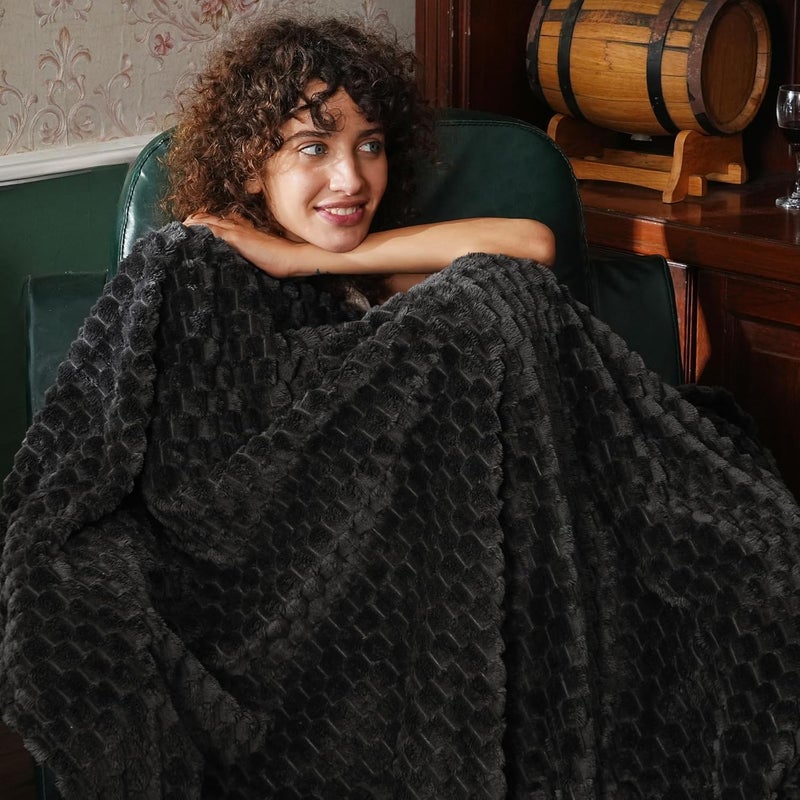 PHF 1 Piece Throw Size Flannel Fleece Blanket 340GSM, Ultra Soft Lightweight 3D Jacquard Fluffy Cozy Blanket, 127cm x 152cm, Dark Grey - Image 2