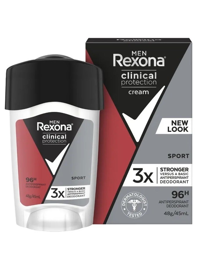 Rexona Men Clinical Protection Deodorant Cream Sport Anti Perspirant with 3x Protection for Stress provides 96 hours 45 ml