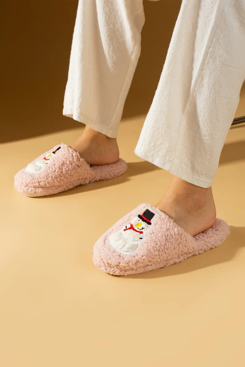 Pembe Potin Pink Potin Cold Proof Snowman Printed Wool Women's Home Slippers K100-25