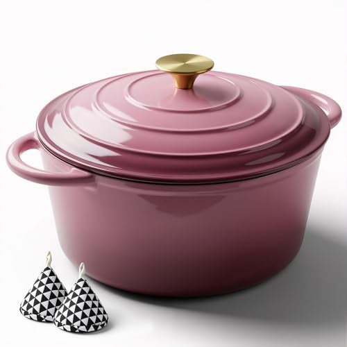Miereirl 6 Quart Enameled Dutch Oven Pot with Lid, Cast Iron Dutch Oven with Dual Handles for Bread Baking, Cooking, Non-stick Enamel Coated Cookware, Rose - Image 1