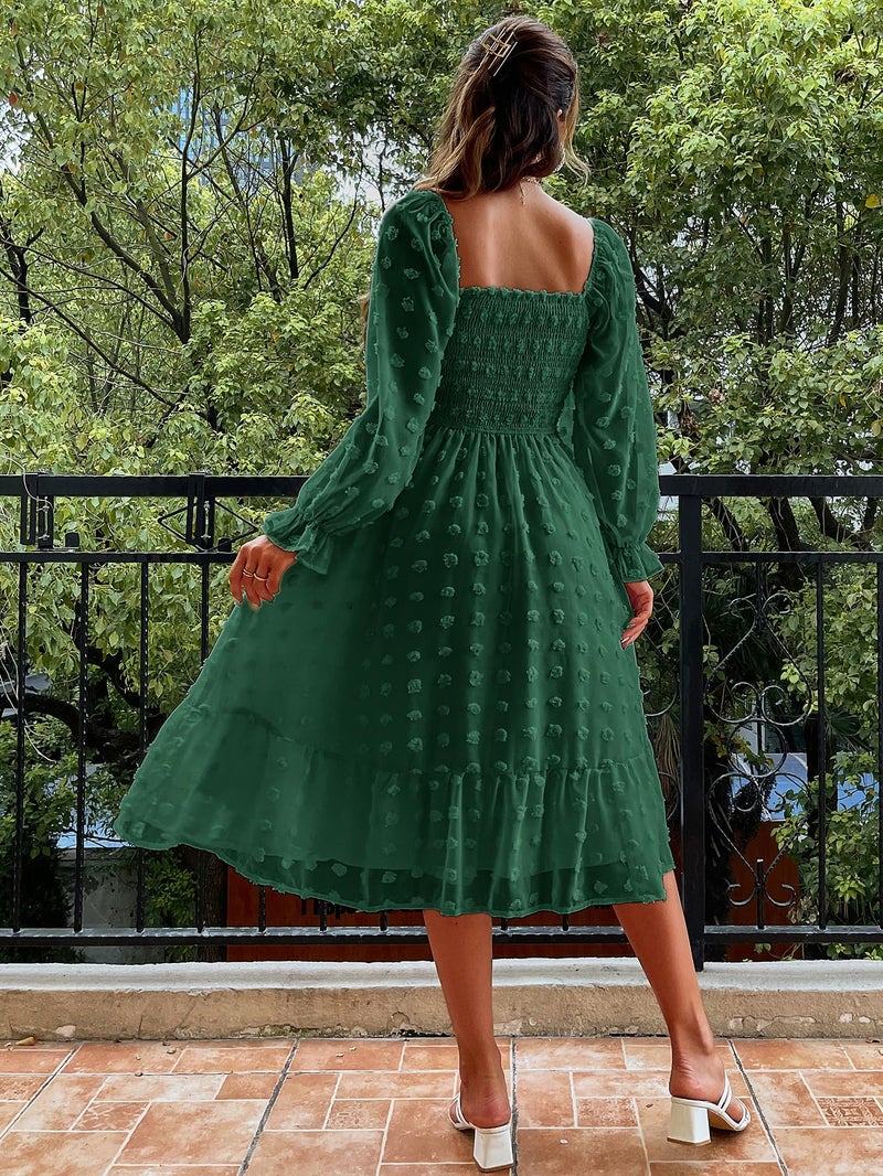Amegoya Women's Fall Long Sleeve Midi Dress Flowy Square Neck Smocked Waist Swiss Dot Wedding Guest Dresses (Emerald Green M) - Image 4