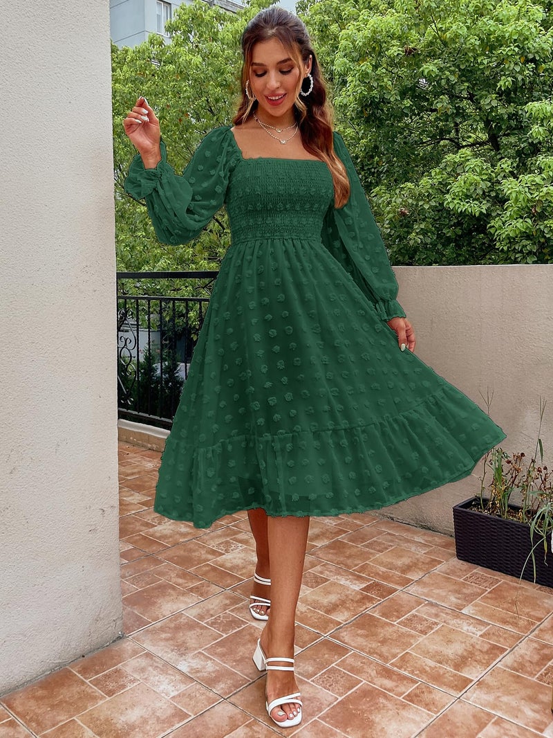 Amegoya Women's Fall Long Sleeve Midi Dress Flowy Square Neck Smocked Waist Swiss Dot Wedding Guest Dresses (Emerald Green M) - Image 5
