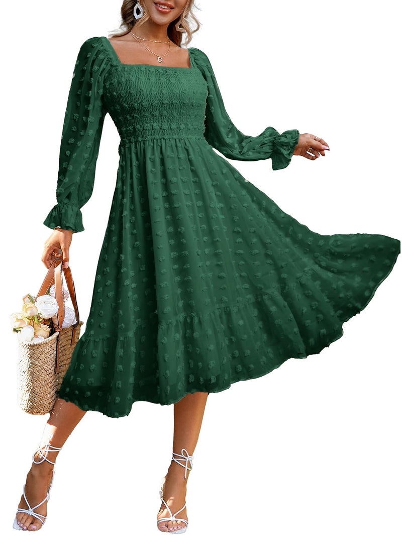 Amegoya Women's Fall Long Sleeve Midi Dress Flowy Square Neck Smocked Waist Swiss Dot Wedding Guest Dresses (Emerald Green M) - Image 1