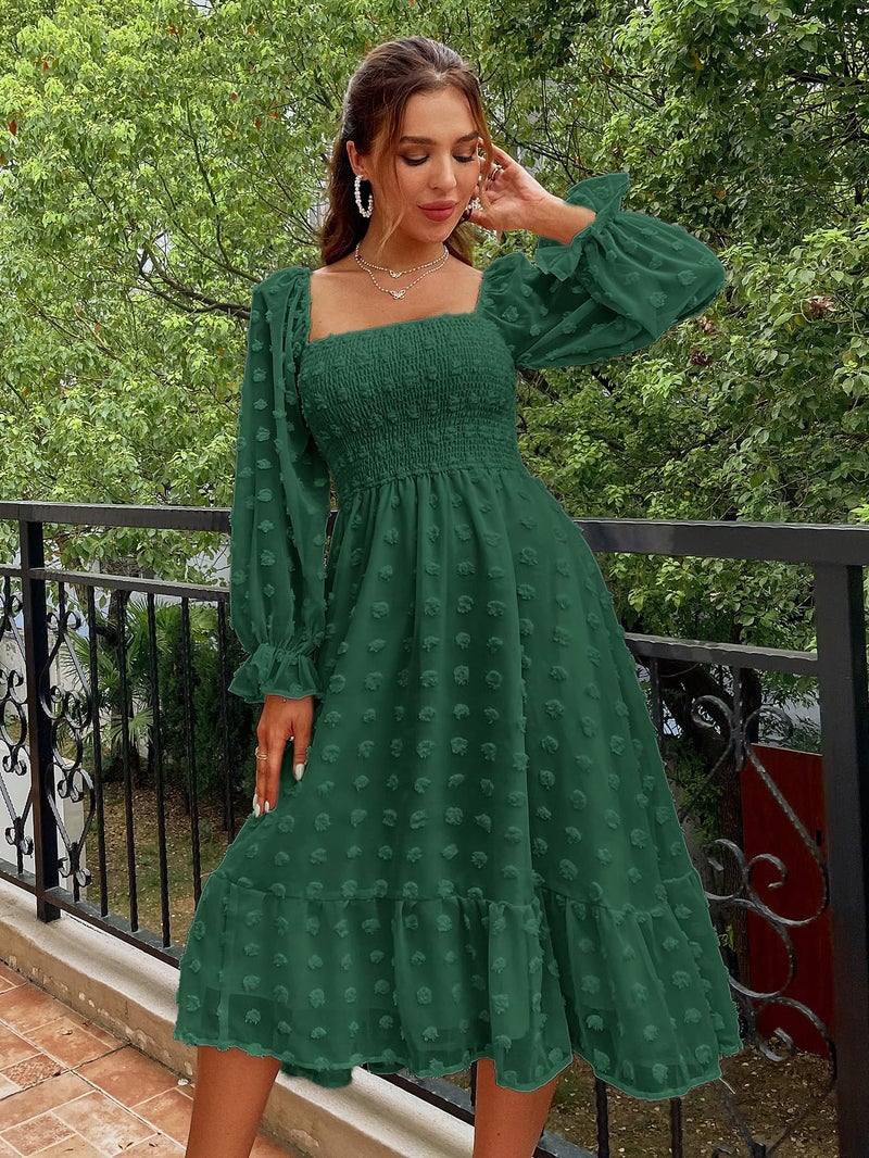 Amegoya Women's Fall Long Sleeve Midi Dress Flowy Square Neck Smocked Waist Swiss Dot Wedding Guest Dresses (Emerald Green M) - Image 2