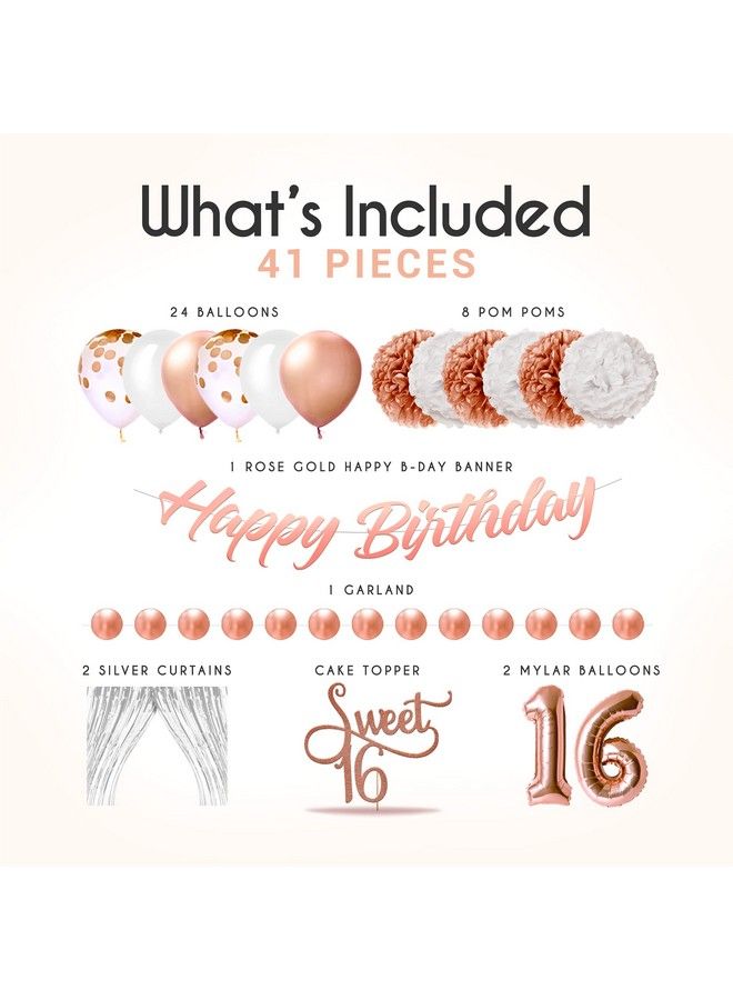 EPIQUEONE 41 Piece Rose Gold Sweet 16 Birthday Decoration For Girls ; Includes Happy Birthday Banner Cake Topper Tissue Pom Poms & More ; Easy To Set Up ; Also Ideal For Bridal & Baby Showers & More - Image 3