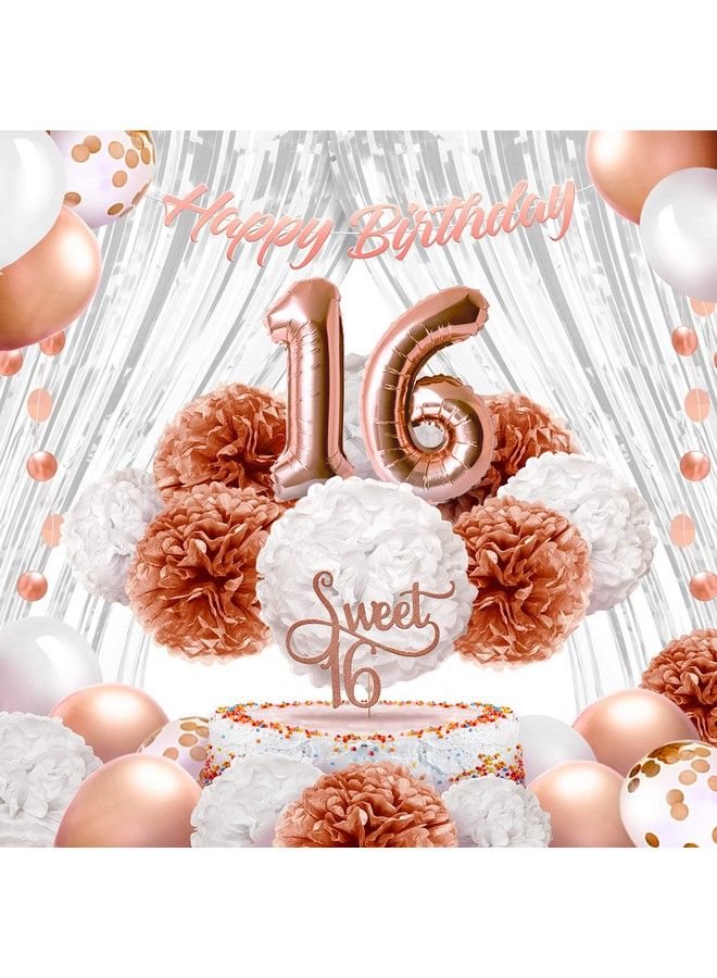 EPIQUEONE 41 Piece Rose Gold Sweet 16 Birthday Decoration For Girls ; Includes Happy Birthday Banner Cake Topper Tissue Pom Poms & More ; Easy To Set Up ; Also Ideal For Bridal & Baby Showers & More - Image 1