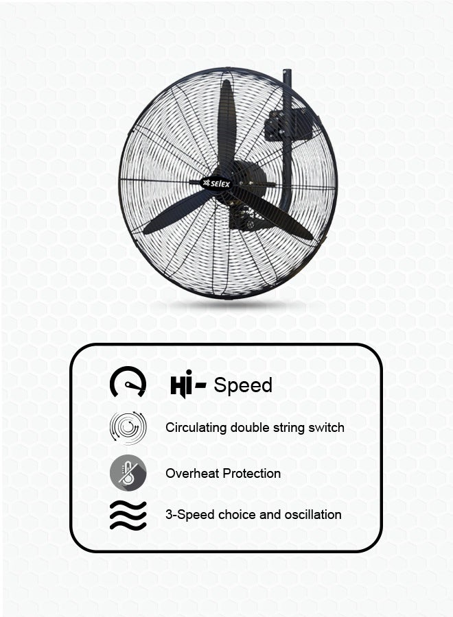 Selex 24" Heavy-Duty Wall Fan – Industrial Oscillating Fan with 3-Speed Settings, Overheat Protection, High Air Delivery, Double String Switch – Wall Mount – 3-Year Warranty - Image 3