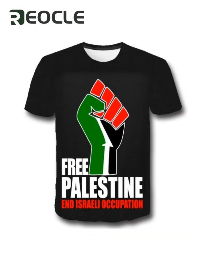 REOCLE Short Sleeve Round Neck T-shirt with Palestine 3D Digital Print Unisex Comfortable & Breathable Casual Summer T-shirt - Image 1