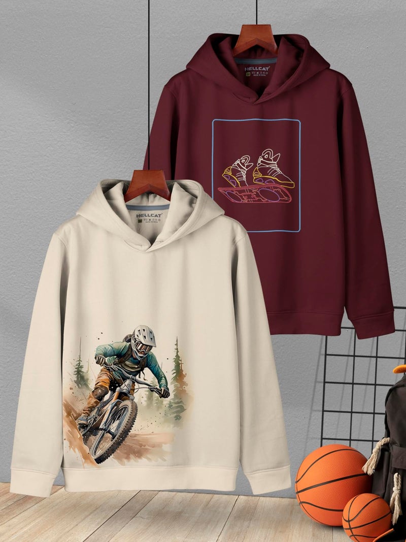 HELLCAT Trendy Printed Cotton Blend Hoodie Sweatshirt for Boys - Pack of 2_Beige/Burgundy_15-16 Years - Image 2