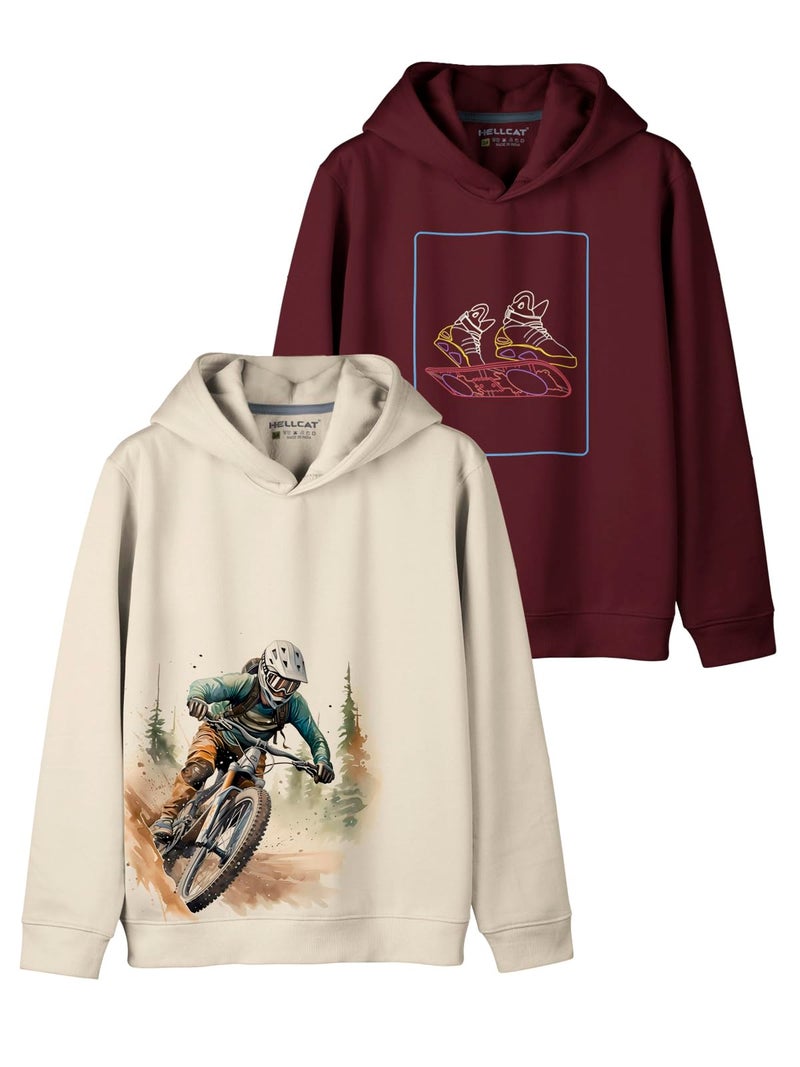 HELLCAT Trendy Printed Cotton Blend Hoodie Sweatshirt for Boys - Pack of 2_Beige/Burgundy_15-16 Years - Image 1