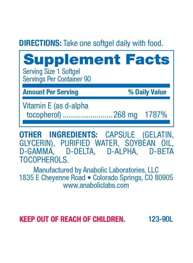 Anabolic Laboratories Natural Vitamin E 400 IU Softgels - 90 Supplements of Vitamin E D Alpha Tocopherol for Heart Health - Vitamin E Supplements for Women and Men - Image 1