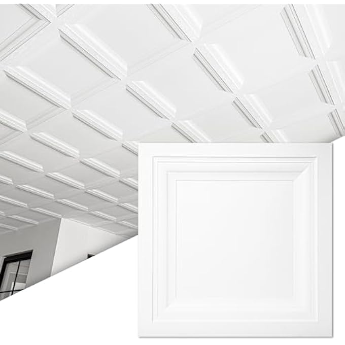 12-PACK SQUARE DROP CEILING TILE 2FT X 2FT IN WHITE, PVC CEILING PANEL 24 X 24IN. - COMPATIBLE WITH 15/16" DROP CEILING GRID SYSTEM - Image 1