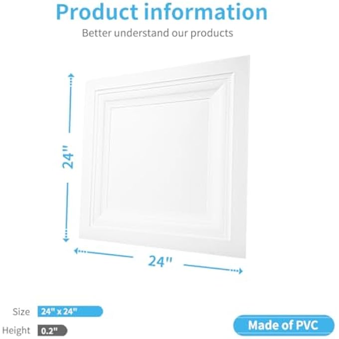 12-PACK SQUARE DROP CEILING TILE 2FT X 2FT IN WHITE, PVC CEILING PANEL 24 X 24IN. - COMPATIBLE WITH 15/16" DROP CEILING GRID SYSTEM - Image 2