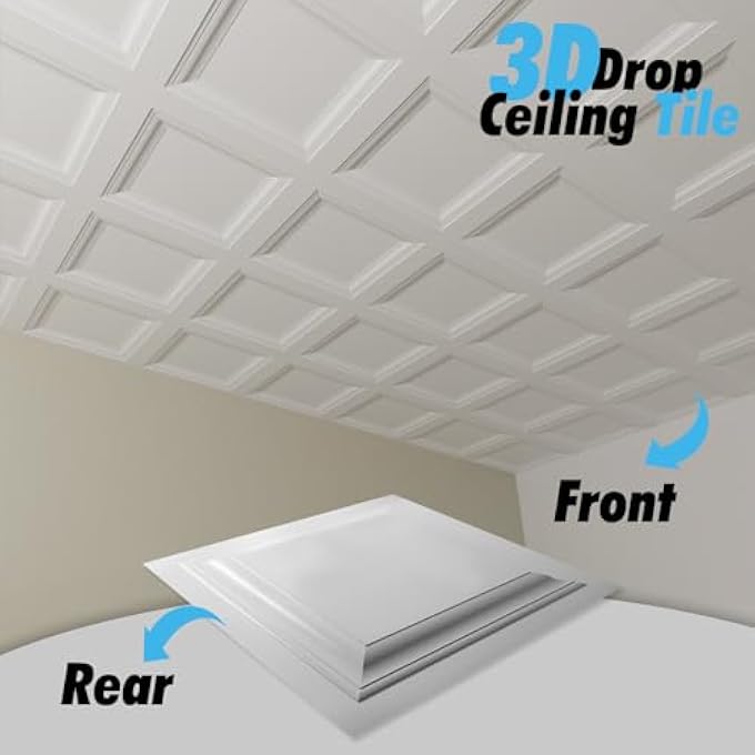 12-PACK SQUARE DROP CEILING TILE 2FT X 2FT IN WHITE, PVC CEILING PANEL 24 X 24IN. - COMPATIBLE WITH 15/16" DROP CEILING GRID SYSTEM - Image 3