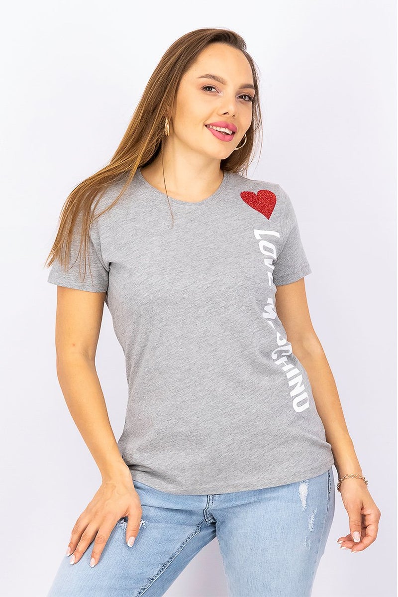 MOSCHINO Love Moschino Women Crew Neck Short Sleeve Graphic Tee, Grey - Image 1
