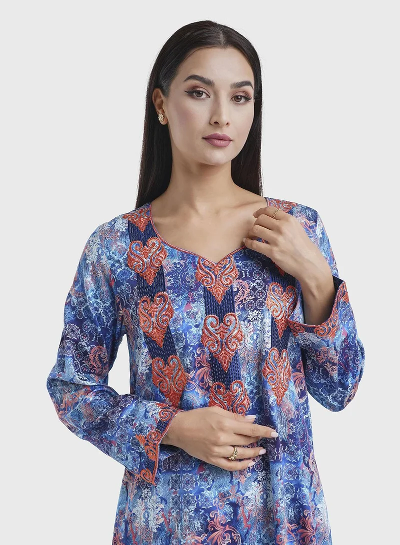 KASHKHA Cotton Satin Navy Blue Floral Print Jalabiya (VW228)