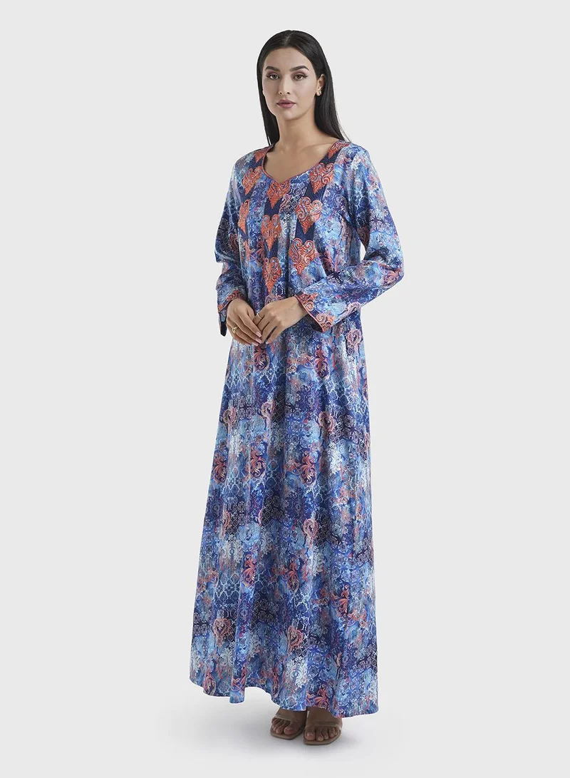 KASHKHA  Cotton Satin Navy Blue Floral Print Jalabiya (VW228) for Women | Best Price UAE