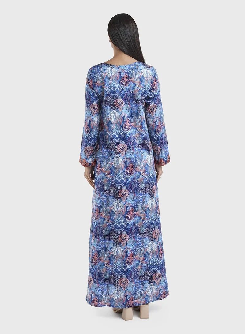 KASHKHA  Cotton Satin Navy Blue Floral Print Jalabiya (VW228) for Women | Best Price UAE