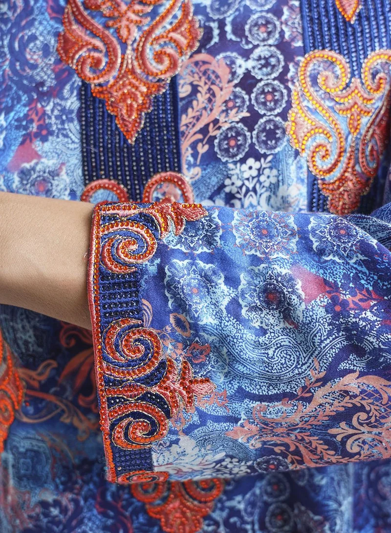 KASHKHA  Cotton Satin Navy Blue Floral Print Jalabiya (VW228) for Women | Best Price UAE