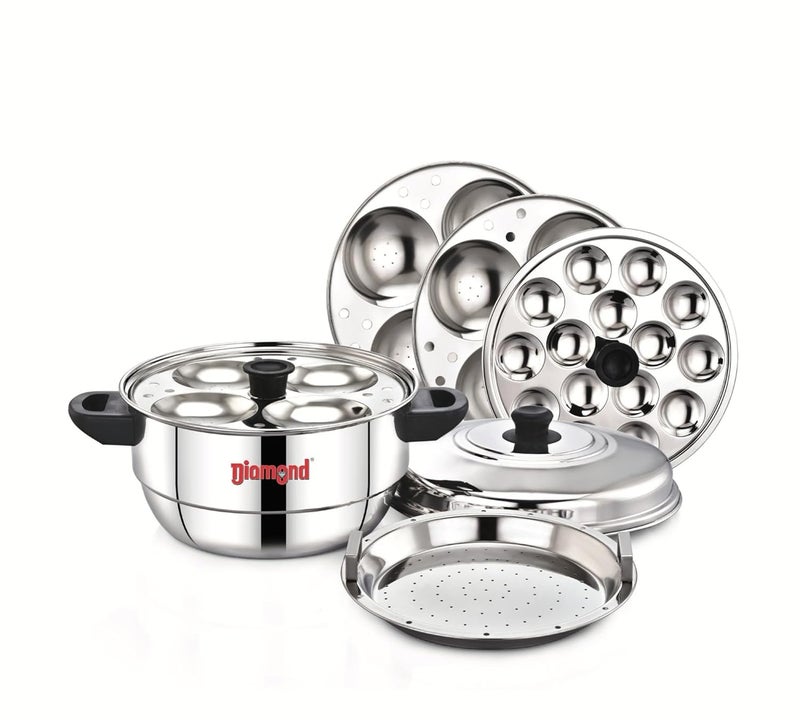 Diamond Diamond Stainless Steel Multi-Steaming Induction Base with 3 Idli Plates (12 Idlies), 1 Mini Idli Plate (18 Idlies), 1 Steamer Plate - Image 1