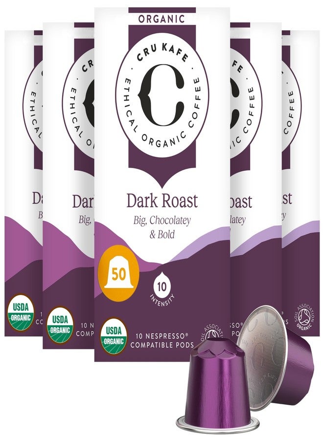 Cru Kafe Dark Roast USDA Organic Espresso Coffee Capsules (50 Pods) Fairtrade Coffee Pods Compatible with Nespresso Original Line and Pixie Machines - Image 1