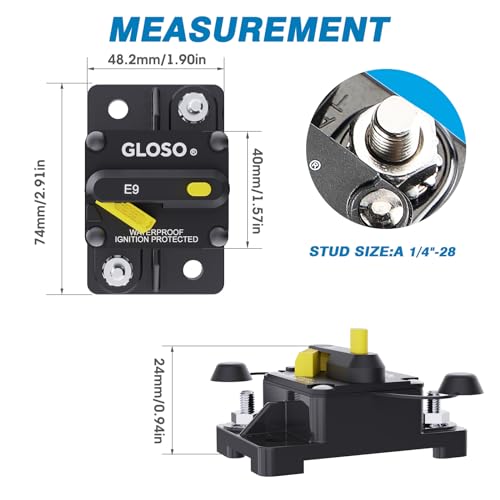 GLOSO Circuit Breaker E99 135A Breaker Standard Surface Mount 1/4" Diagonal Stud Waterproof IP67 Marine RV Truck Hi-Amp Circuit Breaker (135A) - Image 2