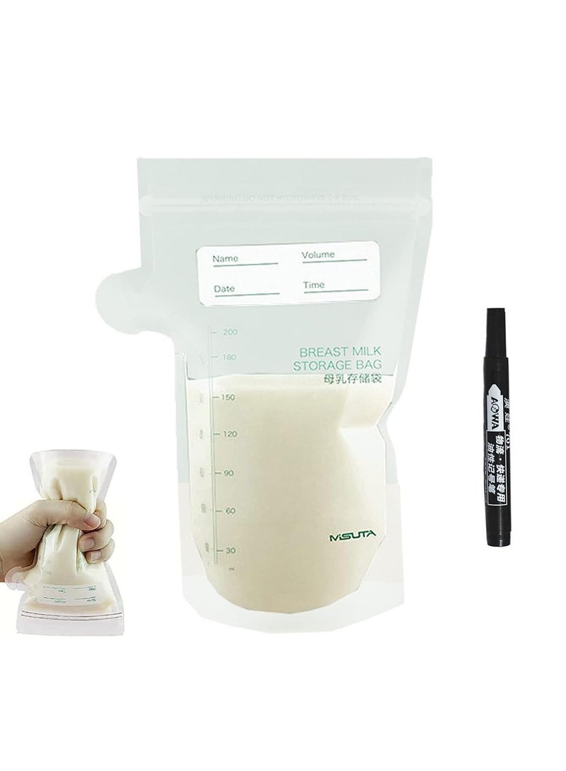 50 Pack Milk Storage Bags 200 ML Self Standing Milk Storage Container BPA Free Pre-sterilized Freezing Bag Thickened Leak Proof Collection with Double Zip and Marker Pen - Image 1