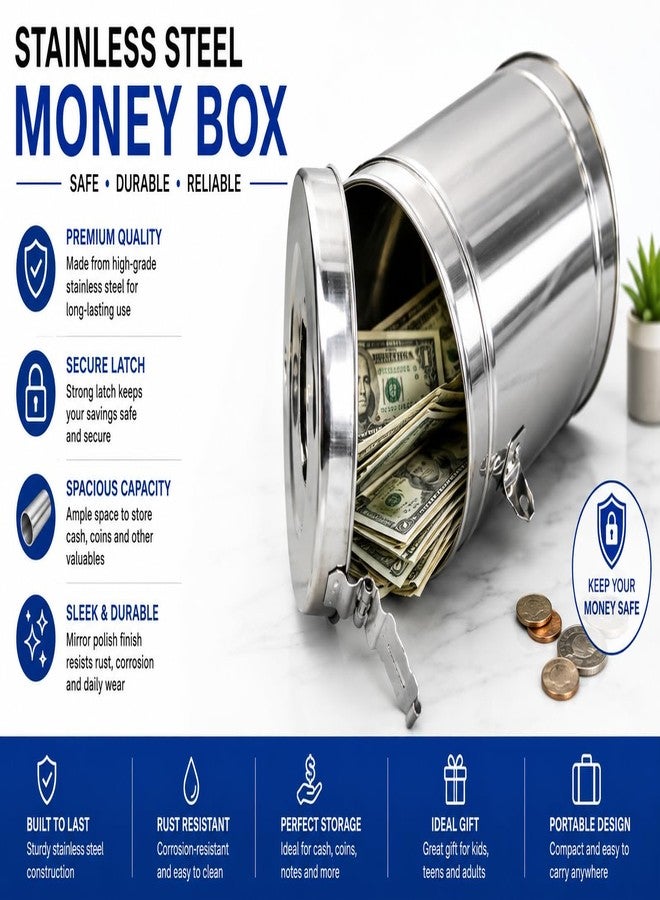 ANIAN Stainless Steel Piggy Bank, Set of 2, Safe Coin & Cash Storage for Kids and Adults | 6 Month Warranty| Pack of 2 Money Bank - Image 4