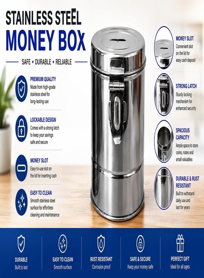 ANIAN Stainless Steel Piggy Bank, Set of 2, Safe Coin & Cash Storage for Kids and Adults | 6 Month Warranty| Pack of 2 Money Bank - Image 5
