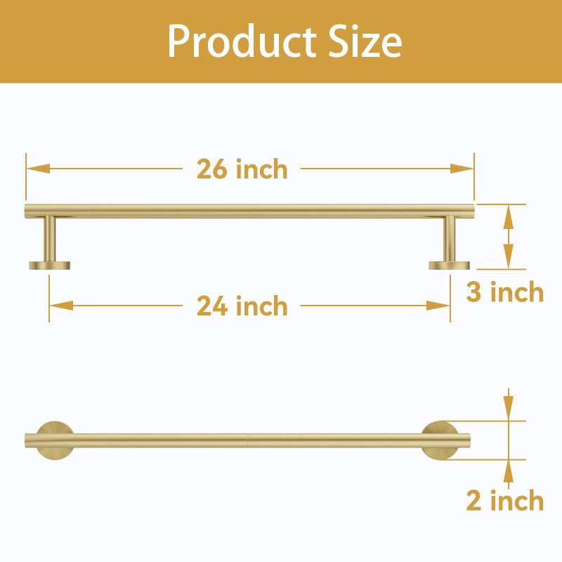Bubxo Brushed Gold Towel Bar, 24 Inch Bathroom Towel Rack (Total Length 26-Inch), Towel Holder Wall Mounted, Thicken SUS304 Stainless Steel Towel Rod Modern Home Decor - Image 2