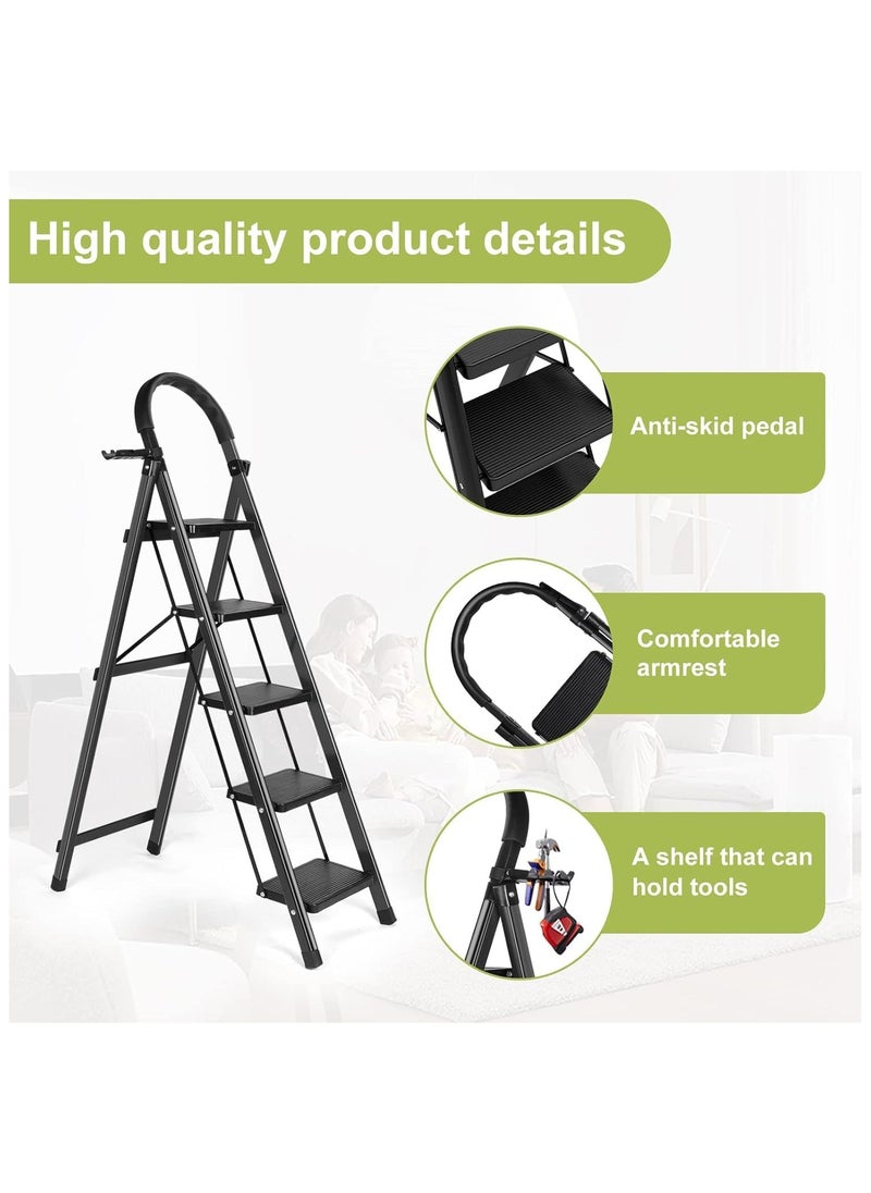 Favarey - 5 Step Ladder, Steel Folding Ladder Stool with Tool Rack, Non-Slip Treads, Multi-Purpose Folding Ladder for Home Kitchen Office, Space Saving, Holds up to 150KG - Image 1