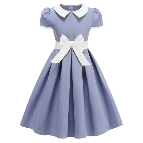 IWEMEK Kids 1950s Vintage Dresses for Girls 50s Outfits Doll Collar Bowknot Audrey Hepburn Rockabilly Cocktail Party Swing Dress Short Sleeve Retro 50s Style Tea Prom Church Clothes Light Blue 89 Years - Image 1