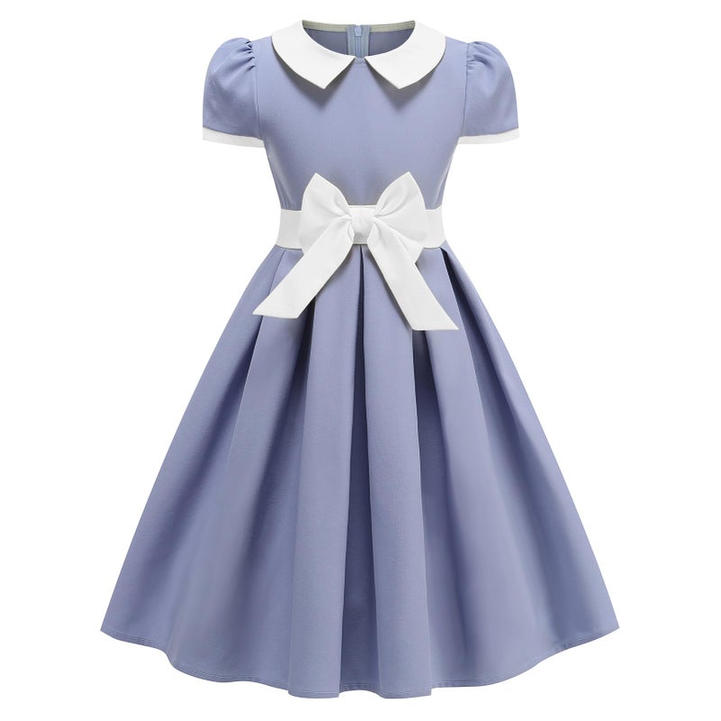 IWEMEK Kids 1950s Vintage Dresses for Girls 50s Outfits Doll Collar Bowknot Audrey Hepburn Rockabilly Cocktail Party Swing Dress Short Sleeve Retro 50s Style Tea Prom Church Clothes Light Blue 89 Years - Image 2