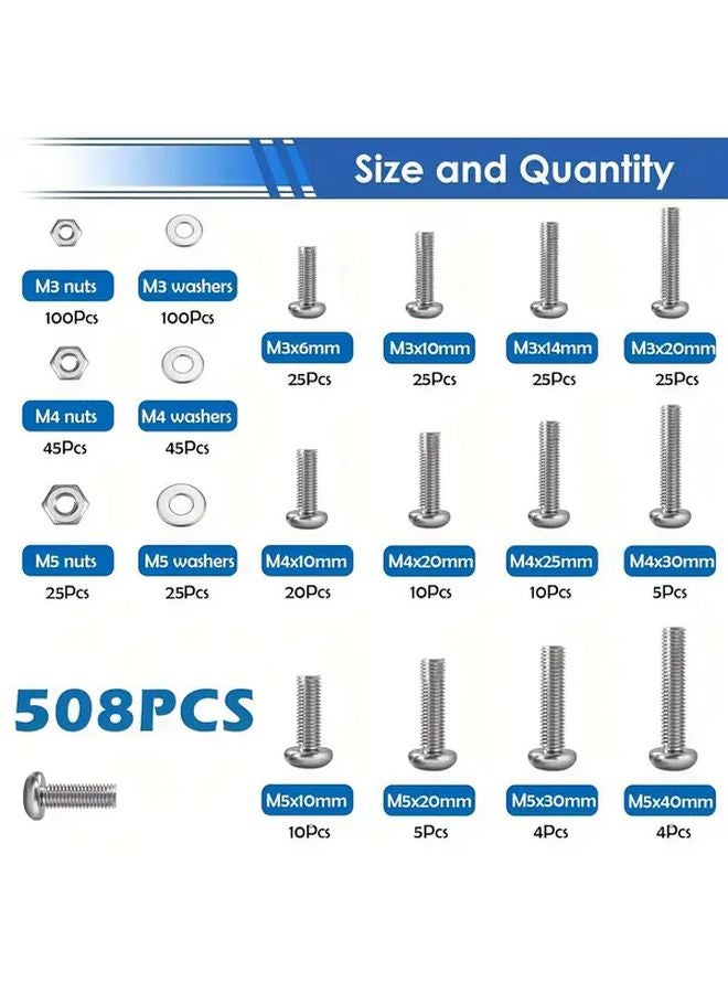 508pcs M3 M4 M5 Nuts And Bolts Assortment Kit Heavy Duty Metal For Machinery Automotive - Image 1