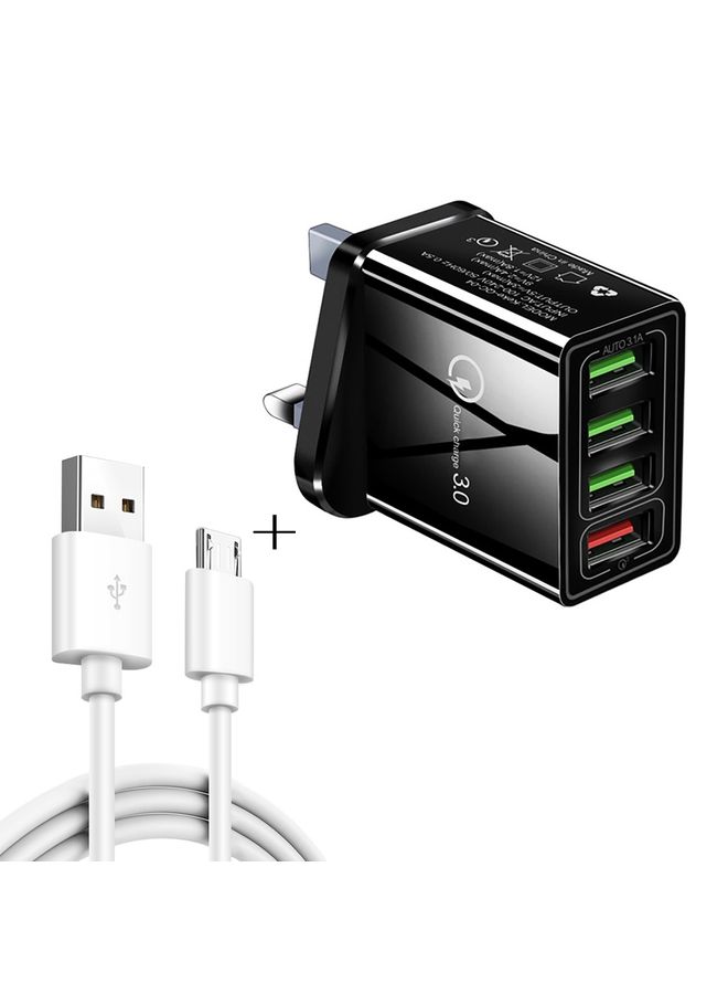 بيوينتي 2 in 1 1m USB to Micro USB Data Cable + 30W QC 3.0 4 USB Interfaces Mobile Phone Tablet PC Universal Quick Charger Travel Charger Set, UK Plug(Black) - Image 1