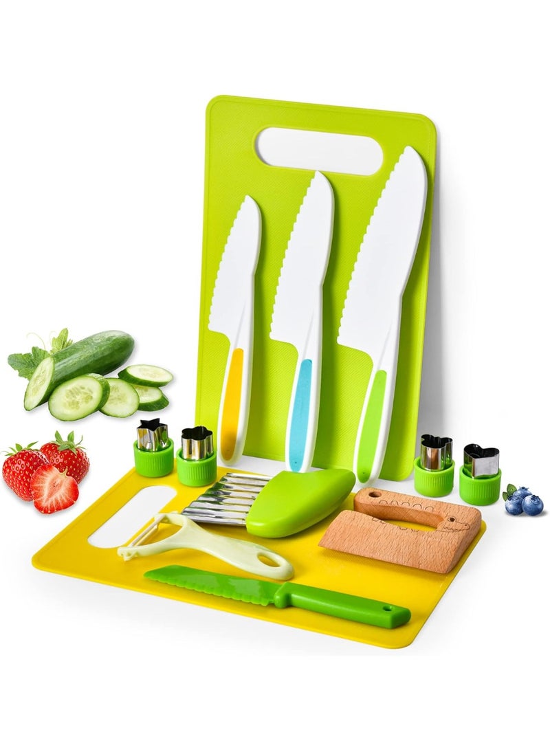 Soofam سكاكين مونتيسوري للأطفال للطهي الحقيقي، مجموعة سكاكين مطبخ للأطفال مكونة من 13 قطعة تشمل 4 سكاكين بلاستيكية ذات حواف مسننة، قاطع تجاعيد، مقشرة على شكل Y، ألواح تقطيع وسكين آمن للأطفال من الخشب - Image 1