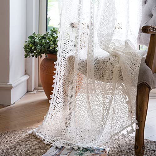 WAZZIO Off White Lace Curtains 84 Inches Long,Vintage Victorian Cotton Light Filtering Sheer Curtain2 Panel Set Bohemian Decor Drapes Boho Curtains for Bedroom Living Room - Image 1