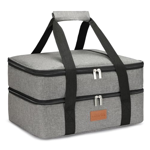 Uoxfill Lunch Bag Insulated Thermal Food Carrier Insulated Double Decker Casserole Carrier for Hot or Cold Food,Insulated Tote Bag for Potluck Cookouts Picnic,Lasagna Holder,Fits 9"x13" Baking Pan,Gray - Image 1