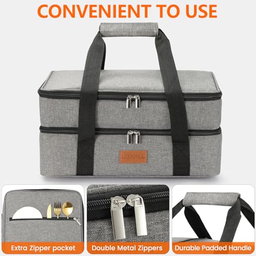 Uoxfill Lunch Bag Insulated Thermal Food Carrier Insulated Double Decker Casserole Carrier for Hot or Cold Food,Insulated Tote Bag for Potluck Cookouts Picnic,Lasagna Holder,Fits 9"x13" Baking Pan,Gray - Image 4