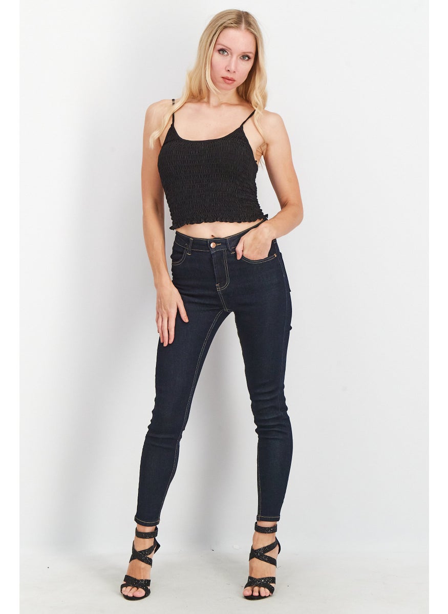 Aqua - Women U-Neck Sleeveless Ruched Top, Black - Image 1